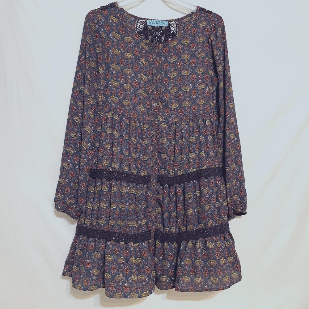 Dina Be Long Sleeve Back Detail Dress Floral Tiered Crochet Buttons Boho Sz S